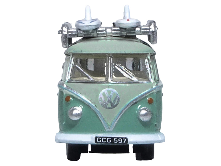 Volkswagen T1 Samba Bus RHD (Right Hand Drive) Green Two-Tone with Surfboards on Roof Rack 1/148 (N) Scale Diecast Model Car by Oxford Diecast