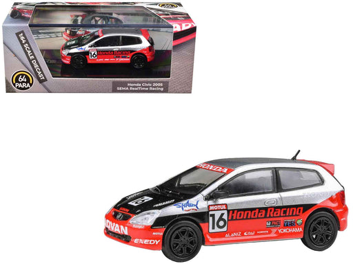 2005 Honda Civic #16 "SEMA RealTime Racing" Silver Metallic and Red with Black Graphics 1/64 Diecast Model Car by Paragon Models