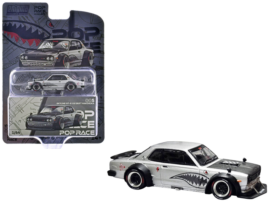 Skyline GT-R V8 Drift "Hakosuka" RHD (Right Hand Drive) Silver Metallic with Carbon Hood and Shark Mouth Graphics "Enigma Exclusive Edition" 1/64 Diecast Model Car by Pop Race