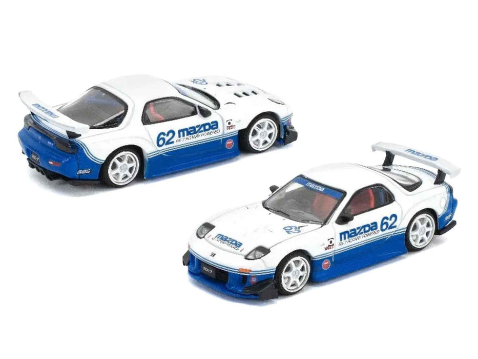 Mazda RX7 RE-Amemiya RHD (Right Hand Drive) #62 White and Blue with Graphics "Enigma Exclusive Edition" 1/64 Diecast Model Car by Pop Race