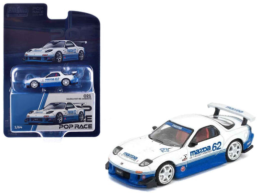 Mazda RX7 RE-Amemiya RHD (Right Hand Drive) #62 White and Blue with Graphics "Enigma Exclusive Edition" 1/64 Diecast Model Car by Pop Race