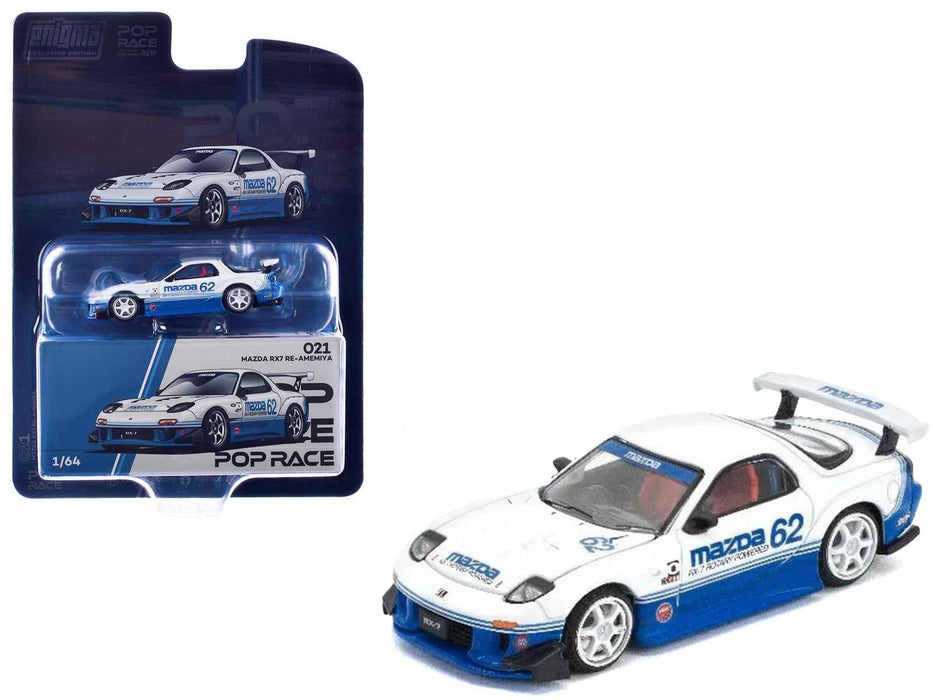 Mazda RX7 RE-Amemiya RHD (Right Hand Drive) #62 White and Blue with Graphics "Enigma Exclusive Edition" 1/64 Diecast Model Car by Pop Race