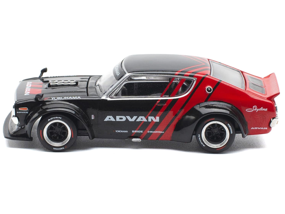 Skyline KPGC110 "Kenmeri" RHD (Right Hand Drive) "ADVAN" Black and Red 1/64 Diecast Model Car by Pop Race