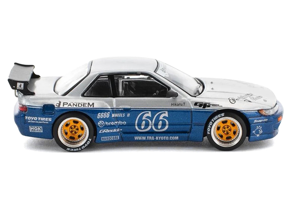 Pandem S13 RHD (Right Hand Drive) Silver and Moontech Blue Metallic with Graphics 1/64 Diecast Model Car by Pop Race