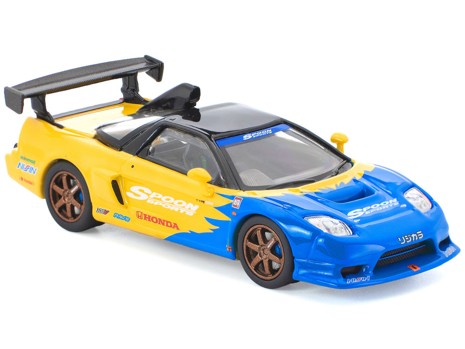 Honda NSX-R GT RHD (Right Hand Drive) "Spoon Sports" Blue and Yellow with Black Top 1/64 Diecast Model Car by Pop Race