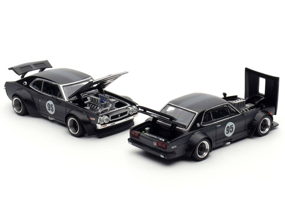 Skyline GT-R V8 Drift "Hakosuka" RHD (Right Hand Drive) #95 Black and Datsun Laurel C130 RHD (Right Hand Drive) Black 2 Car Box Set "Hong Kong Toycar Salon 2025" 1/64 Diecast Model Car by Pop Race