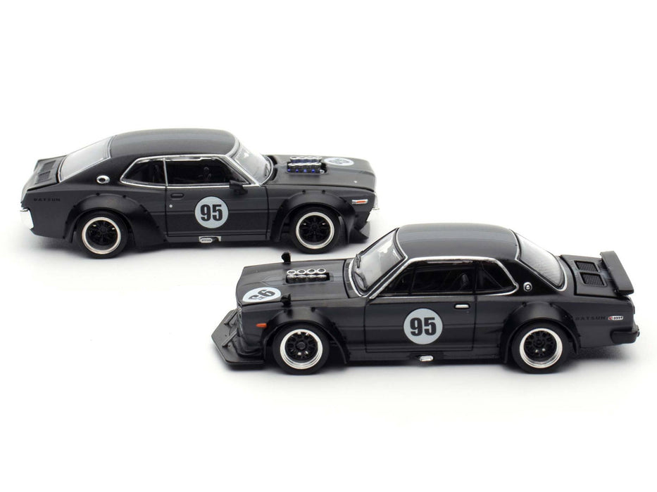 Skyline GT-R V8 Drift "Hakosuka" RHD (Right Hand Drive) #95 Black and Datsun Laurel C130 RHD (Right Hand Drive) Black 2 Car Box Set "Hong Kong Toycar Salon 2025" 1/64 Diecast Model Car by Pop Race