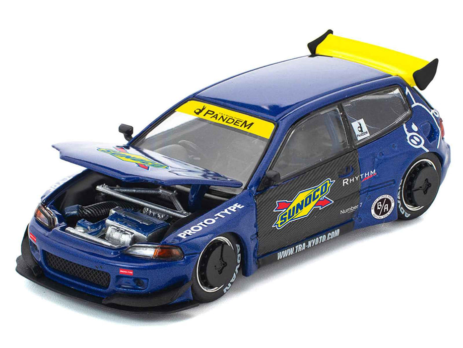 Pandem Civic EG6 RHD (Right Hand Drive) "Sunoco" Blue Metallic with Yellow Accents 1/64 Diecast Model Car by Pop Race