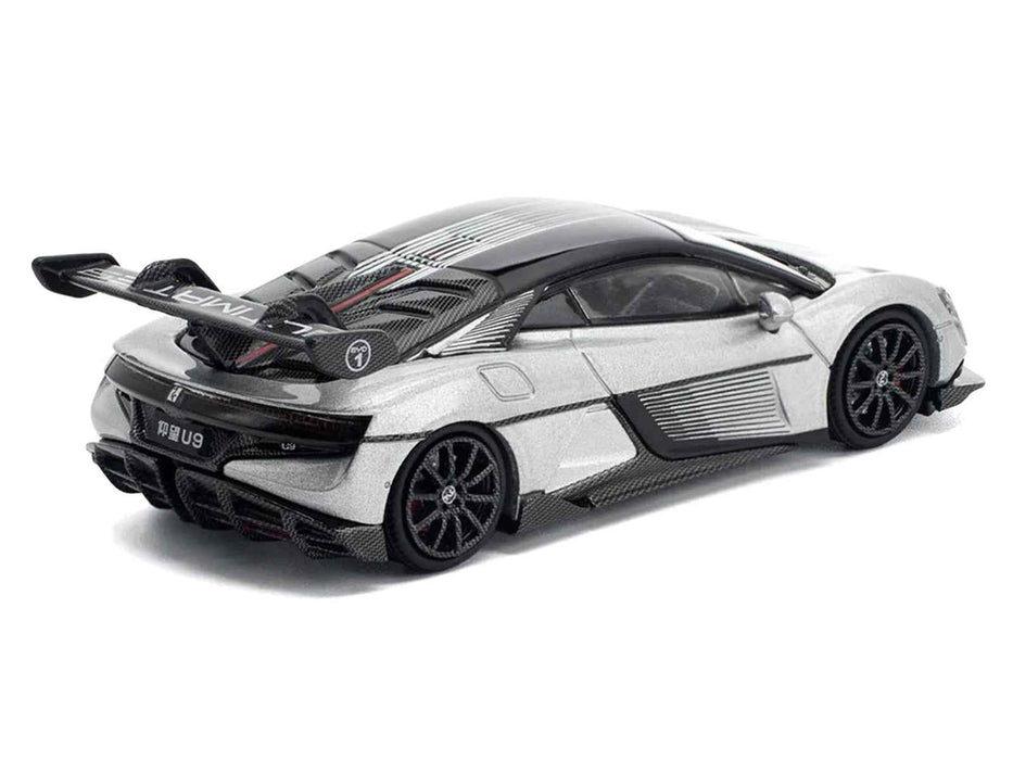 Yangwang U9 Silver Metallic with Black Top and Stripes 1/64 Diecast Model Car by Pop Race