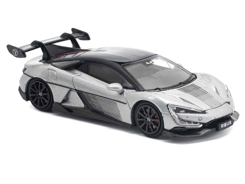 Yangwang U9 Silver Metallic with Black Top and Stripes 1/64 Diecast Model Car by Pop Race