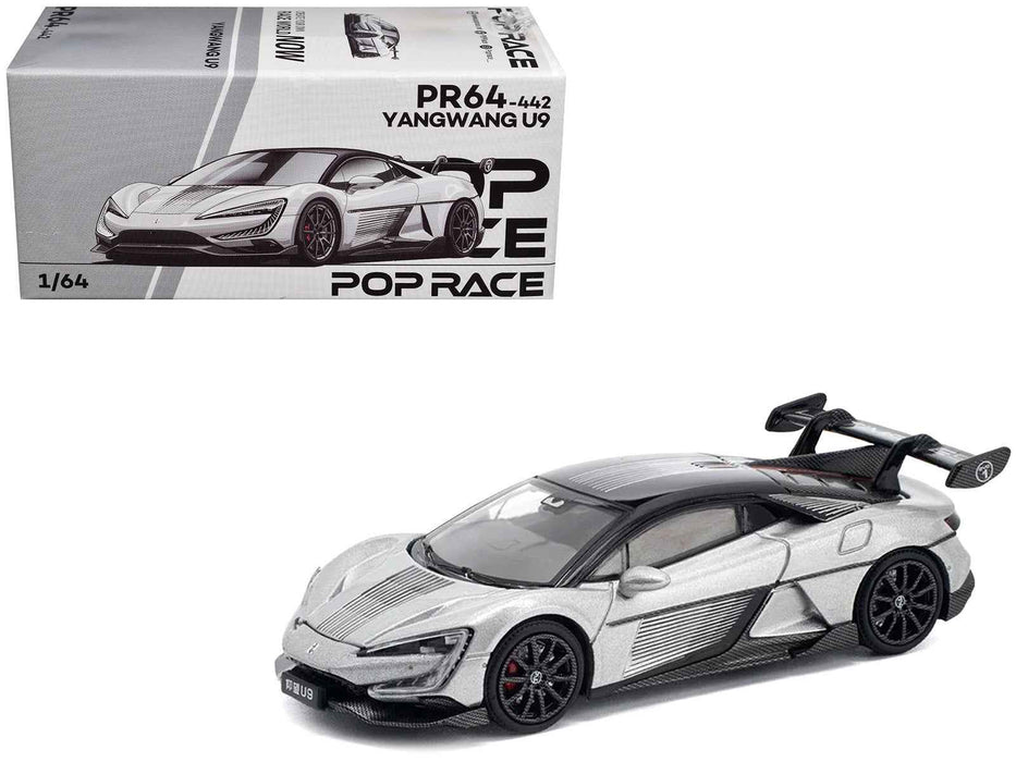 Yangwang U9 Silver Metallic with Black Top and Stripes 1/64 Diecast Model Car by Pop Race