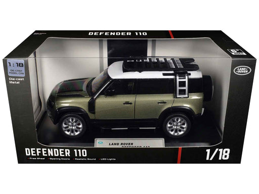 Land Rover Defender 110 Green Metallic with White Top and Roof Rack 1/18 Diecast Model Car by Heimanba