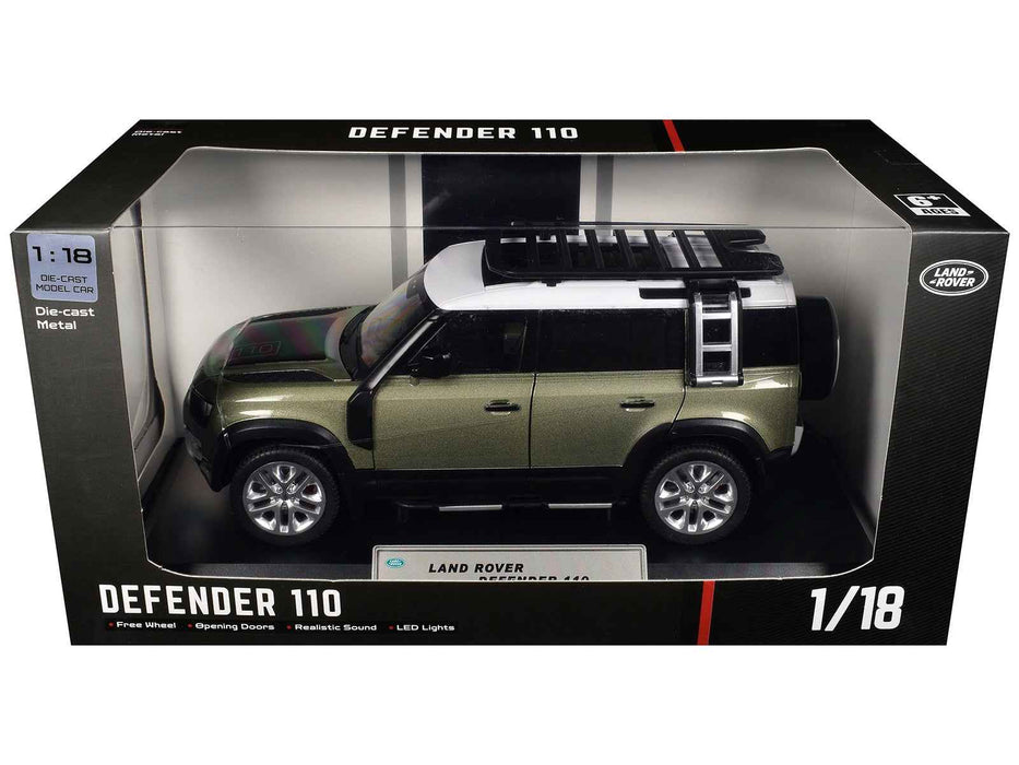 Land Rover Defender 110 Green Metallic with White Top and Roof Rack 1/18 Diecast Model Car by Heimanba
