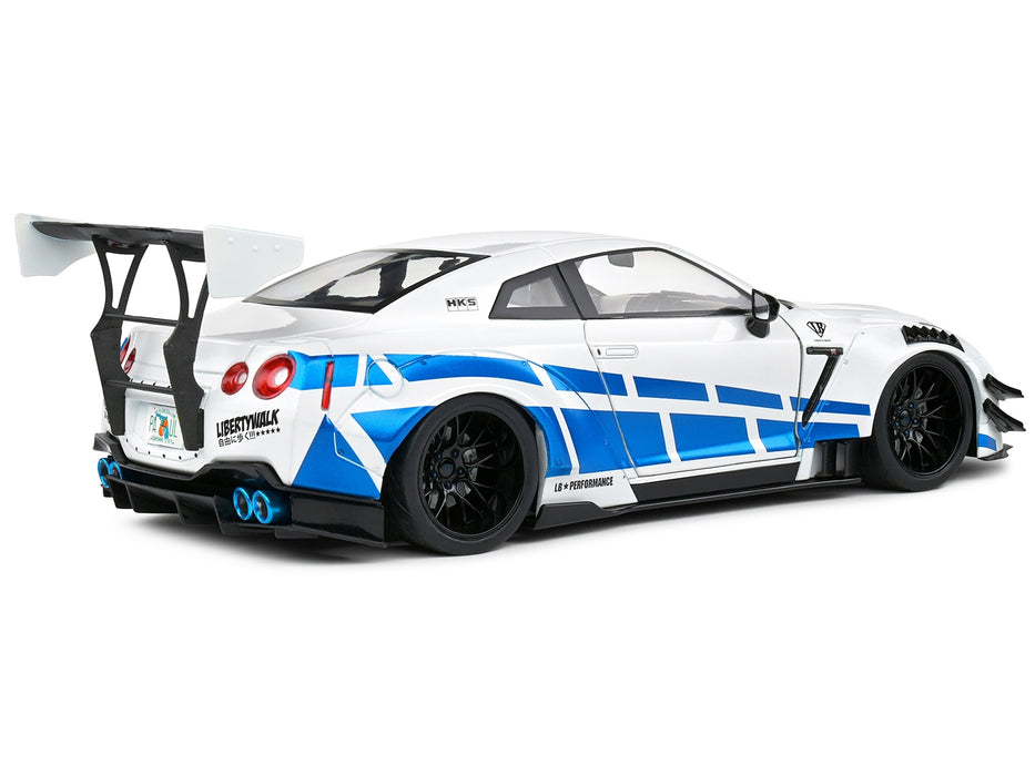 2024 Nissan GT-R (R35) RHD (Right Hand Drive) with Liberty Walk 2.0 Body Kit White Metallic with Blue Stripes "For Paul Tribute" 1/18 Diecast Model Car by Solido