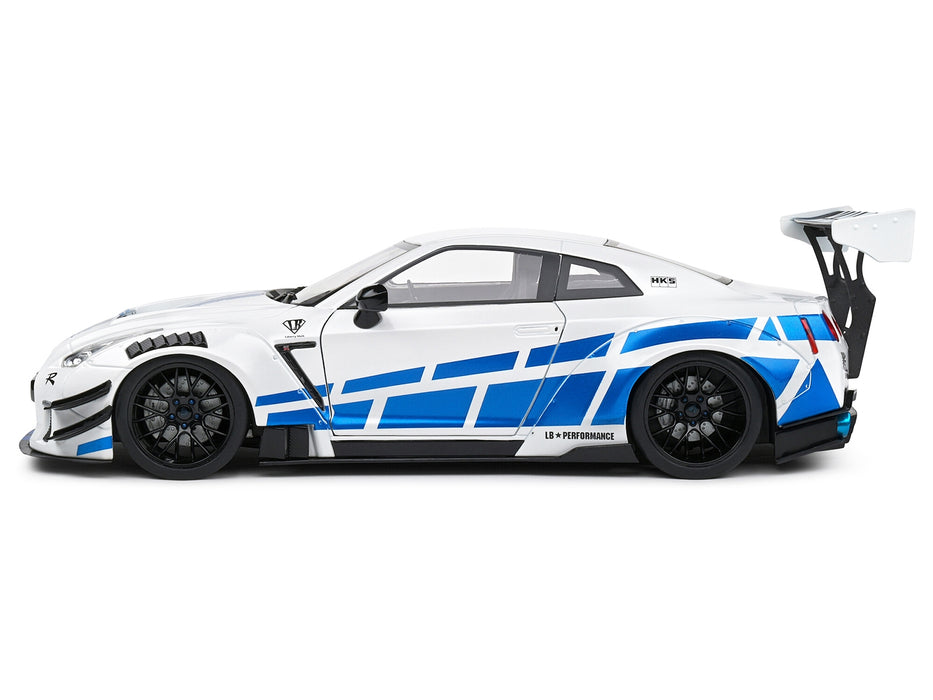 2024 Nissan GT-R (R35) RHD (Right Hand Drive) with Liberty Walk 2.0 Body Kit White Metallic with Blue Stripes "For Paul Tribute" 1/18 Diecast Model Car by Solido