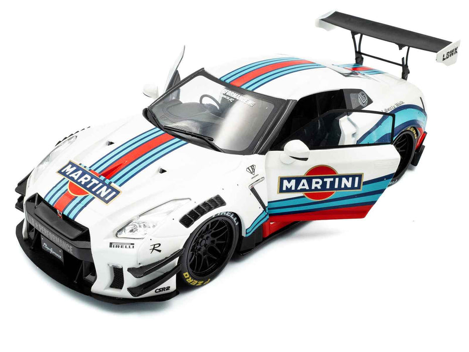 2024 Nissan GT-R (R35) RHD (Right Hand Drive) with Liberty Walk 2.0 Body Kit "Martini Racing" White with Stripes 1/18 Diecast Model Car by Solido