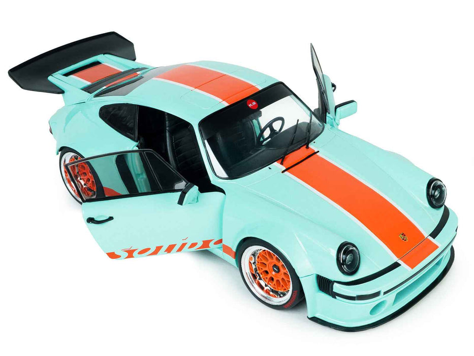 2025 Porsche 911 KS-R by Khyzyl Saleem "Blue Racer" Light Blue with Orange Stripes 1/18 Diecast Model Car by Solido