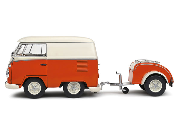 1950 Volkswagen Kool Kombi Van with Trailer Orange and White 1/18 Diecast Model Car by Solido - Miniature Motors
