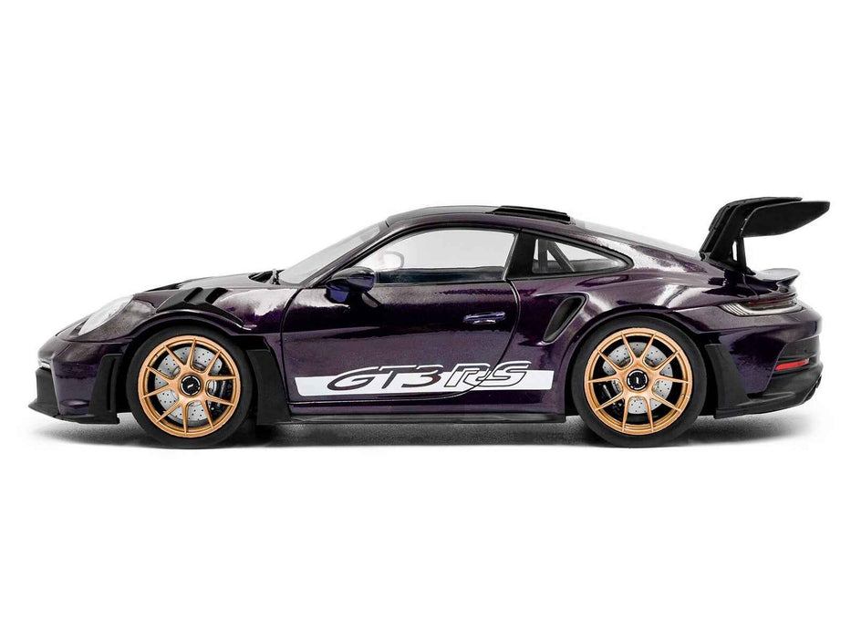 2024 Porsche 911 GT3 RS Weissach Package Viola Purple Metallic with Carbon Hood Stripes and Top 1/18 Diecast Model Car by Solido