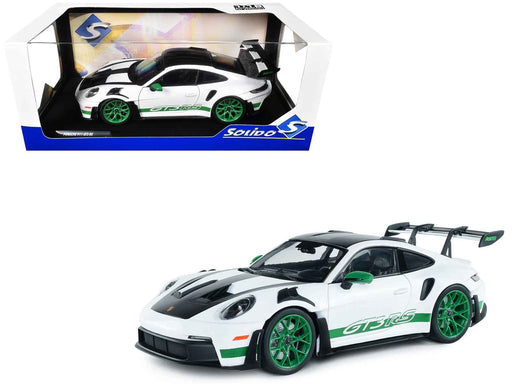 2024 Porsche 911 GT3 RS "Tribute to Carrera RS Package" White with Carbon Hood Stripes and Top and Green Side Stripes and Wheels 1/18 Diecast Model Car by Solido