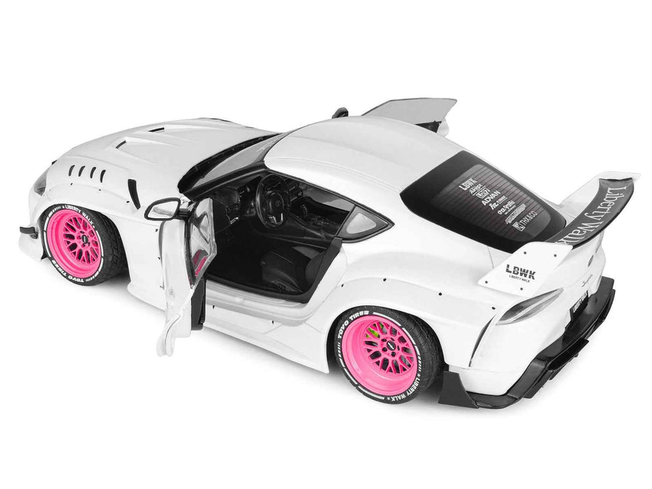 2025 Toyota GR Supra "Liberty Walk" Body Kit White Metallic with Pink Wheels 1/18 Diecast Model Car by Solido
