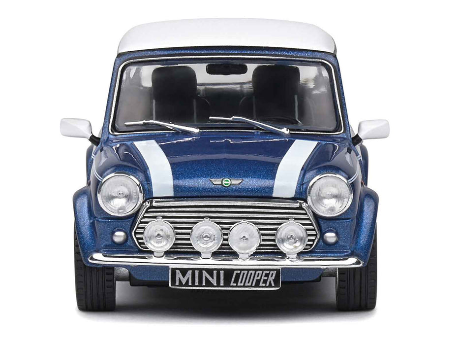 1994 Mini Cooper Sport Tahiti Blue Metallic with White Top and Stripes 1/43 Diecast Model Car by Solido
