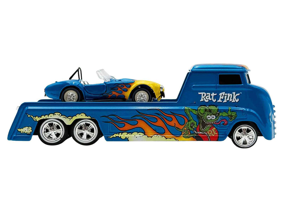 Shelby Cobra Super Snake Blue Metallic with Flames and Custom "Rat Fink" Hauler Blue Metallic with Flames and Graphics 1/64 Diecast Model Cars by ACME