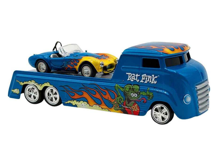 Shelby Cobra Super Snake Blue Metallic with Flames and Custom "Rat Fink" Hauler Blue Metallic with Flames and Graphics 1/64 Diecast Model Cars by ACME