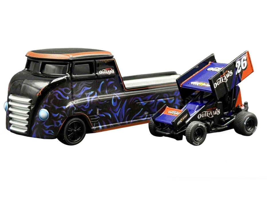 "World Of Outlaws 2026" Winged Sprint Car #26 Black with Stripes and Custom Hauler Black with Graphics 1/64 Diecast Model Cars by ACME