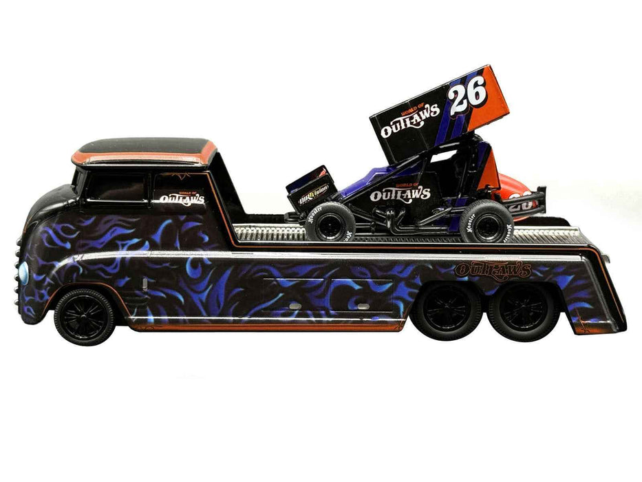 "World Of Outlaws 2026" Winged Sprint Car #26 Black with Stripes and Custom Hauler Black with Graphics 1/64 Diecast Model Cars by ACME