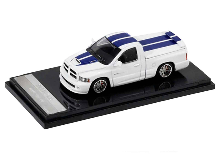 2003 Dodge Ram SRT-10 Pickup Truck White with Blue Stripes 1/64 Diecast Model Car by Shoom64 Models