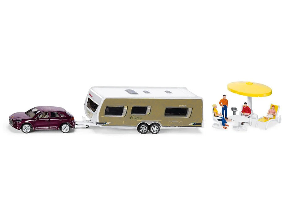 Porsche Macan Turbo Maroon Metallic and Dethleffs Exclusiv Emotion Caravan with Figures and Camp Accessories Set 1/55 Diecast Model by Siku