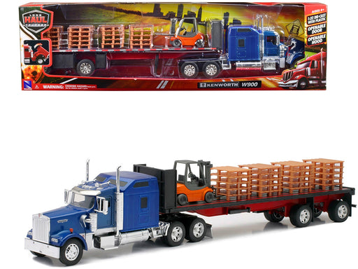 Kenworth W900 Truck with Flatbed Trailer Blue with Forklift and Pallets "Long Haul Truckers" Series 1/32 Diecast Model by New Ray - Miniature Motors