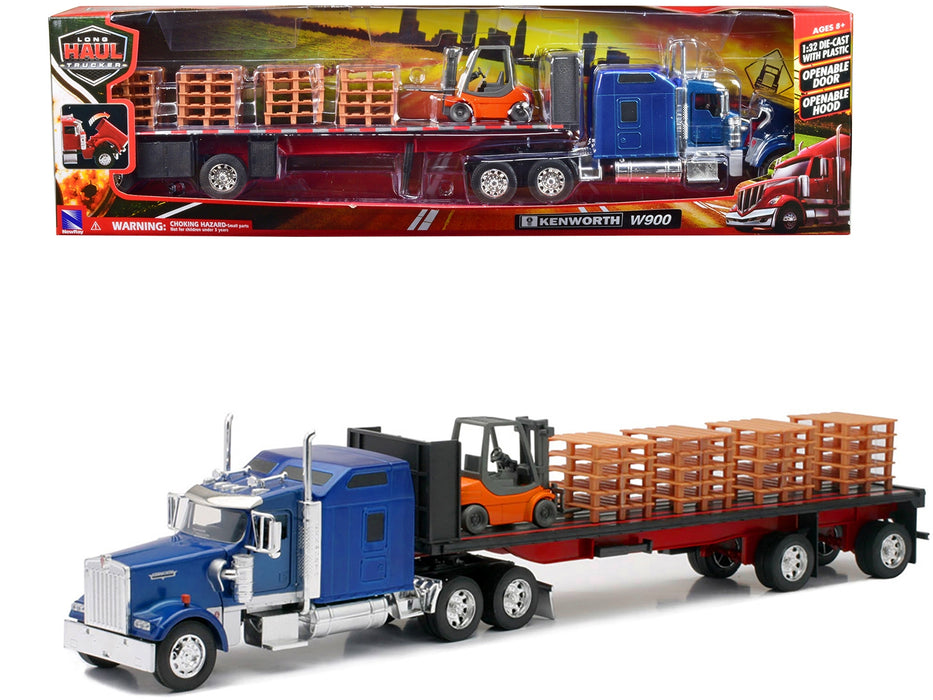 Kenworth W900 Truck with Flatbed Trailer Blue with Forklift and Pallets "Long Haul Truckers" Series 1/32 Diecast Model by New Ray - Miniature Motors