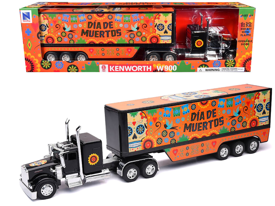 Kenworth W900 Truck Black with Graphics and Dry Van Trailer "Dia De Muertos" 1/32 Diecast Model by New Ray - Miniature Motors