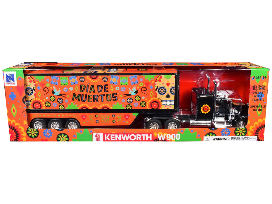 Kenworth W900 Truck Black with Graphics and Dry Van Trailer "Dia De Muertos" 1/32 Diecast Model by New Ray - Miniature Motors