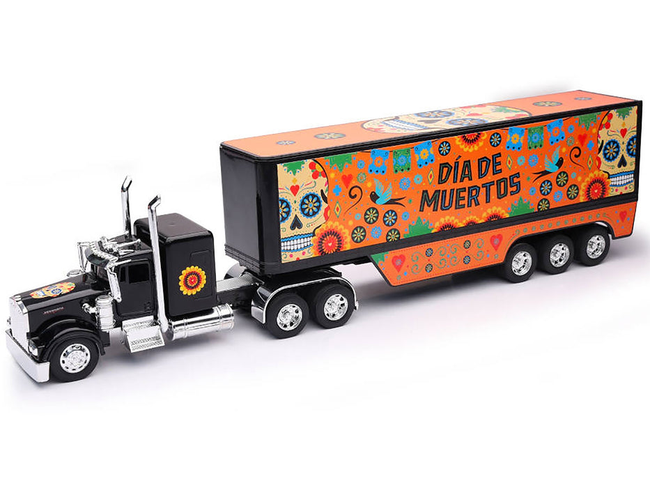 Kenworth W900 Truck Black with Graphics and Dry Van Trailer "Dia De Muertos" 1/32 Diecast Model by New Ray - Miniature Motors