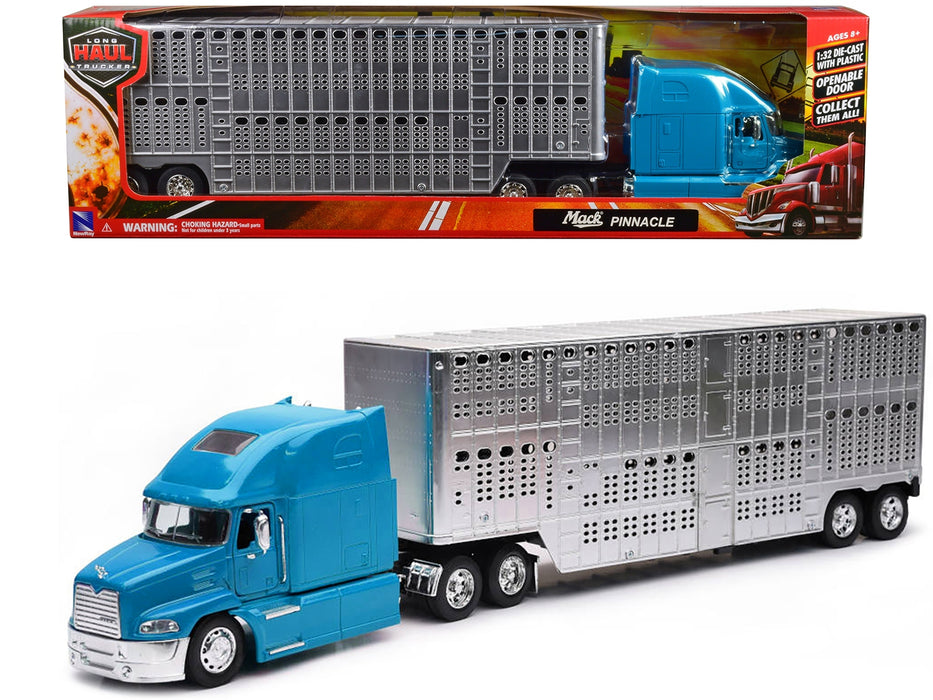 Mack Pinnacle Truck with Pot Belly Livestock Trailer Blue and Chrome "Long Haul Truckers" Series 1/32 Diecast Model by New Ray - Miniature Motors