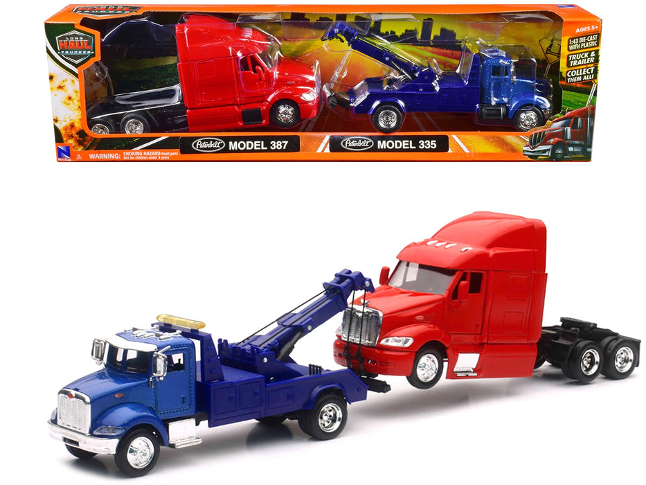 Peterbilt Model 335 Tow Truck Blue and Peterbilt Model 387 Cab Red Set of 2 Pieces 1/43 by New Ray - Miniature Motors