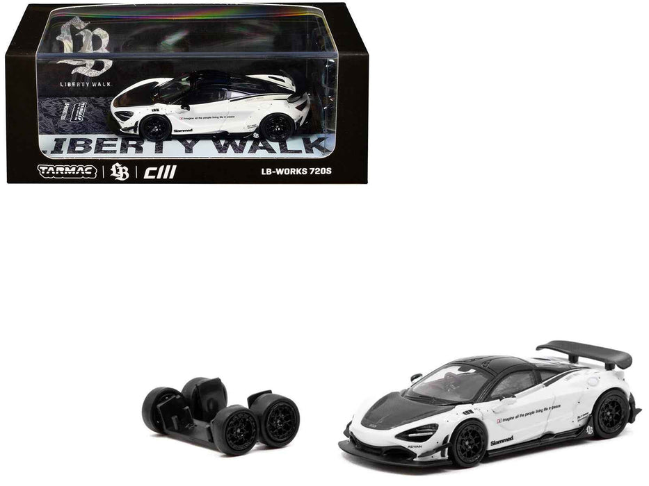 LB-Works 720S White with Carbon Hood and Black Top with Extra Wheels "Hobby64" Series 1/64 Diecast Model Car by Tarmac Works