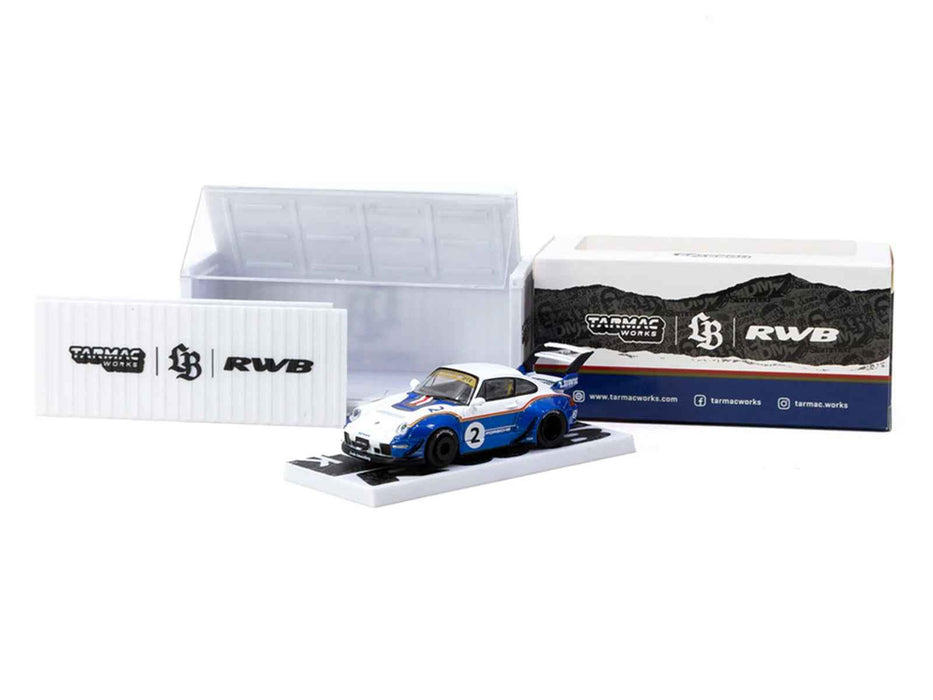 RWB 993 #2 "Liberty Walk" White and Blue Metallic with Container Packaging "Hobby64" Series 1/64 Diecast Model Car by Tarmac Works
