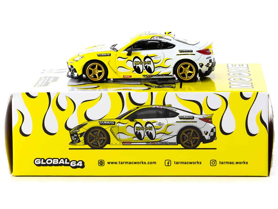 Toyota GR86 RHD (Right Hand Drive) "MoonEyes" White with Yellow Flames and Graphics "Global64" Series 1/64 Diecast Model by Tarmac Works