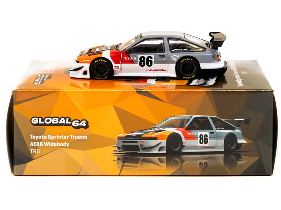 Toyota Sprinter Trueno AE86 Widebody RHD (Right Hand Drive) #86 "TRD-Jonsibal Designworks" White and Gray with Graphics "Global64" Series 1/64 Diecast Model by Tarmac Works