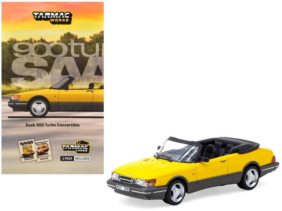 Saab 900 Turbo Convertible Yellow with Tarmac Cards "Global64" Series 1/64 Diecast Model by Tarmac Works