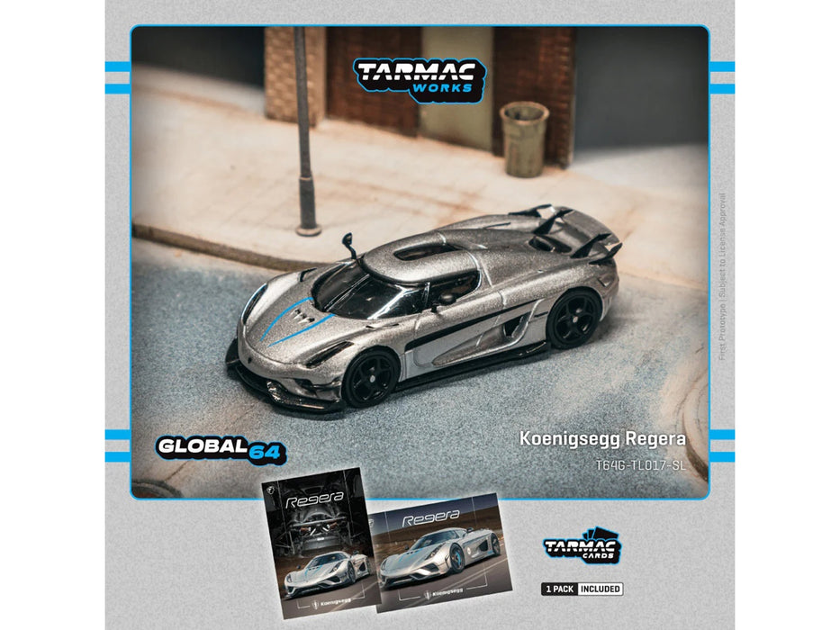Koenigsegg Regera Silver Metallic with Blue Accents and Collectible Tarmac Cards "Global64" Series 1/64 Diecast Model Car by Tarmac Works