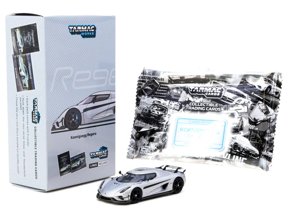 Koenigsegg Regera Silver Metallic with Blue Accents and Collectible Tarmac Cards "Global64" Series 1/64 Diecast Model Car by Tarmac Works
