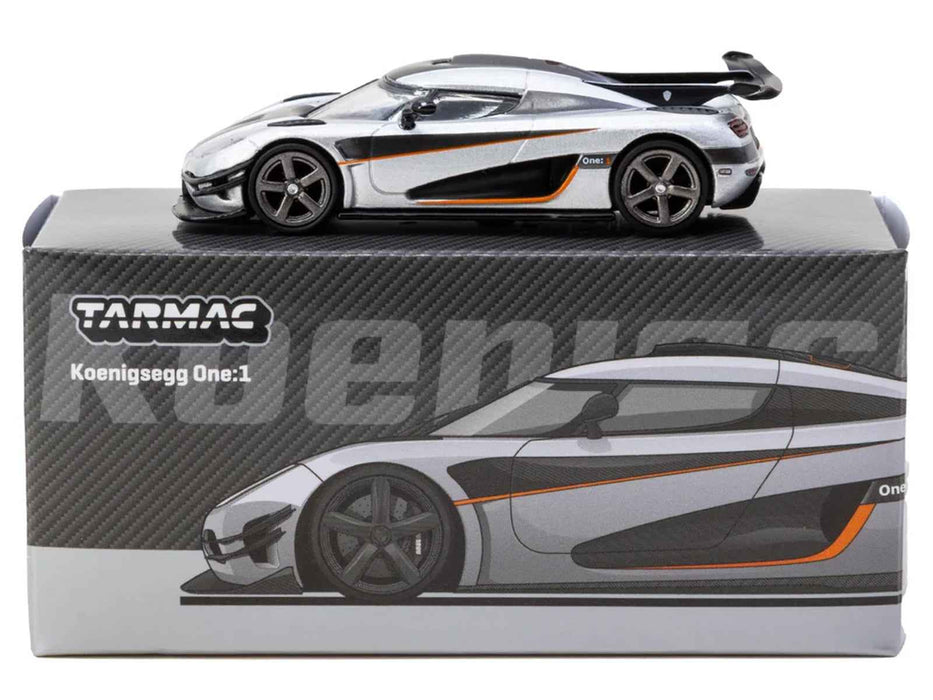 Koenigsegg One:1 Silver Metallic with Black Stripes "Global64" Series 1/64 Diecast Model Car by Tarmac Works