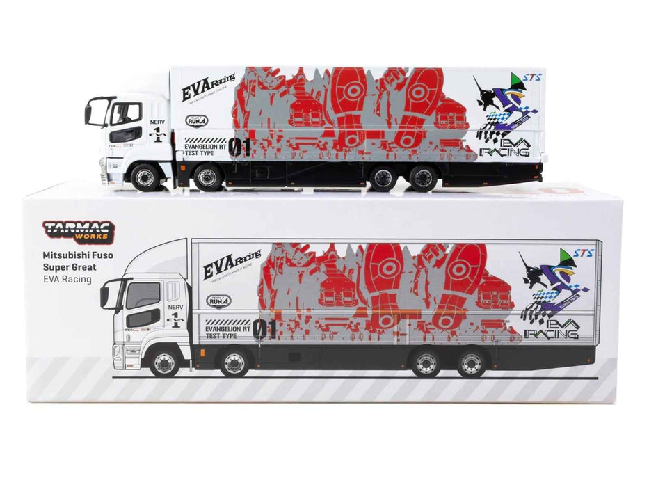 Mitsubishi Fuso Super Great Truck with Transporter "EVA Racing" White with Graphics "Truck64" Series 1/64 Diecast Model Car by Tarmac Works