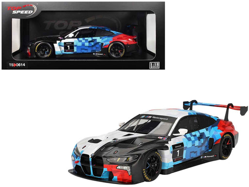 BMW M4 GT3 EVO Presentation #1 White with Carbon Blue and Red Graphics 1/18 Model Car by Top Speed