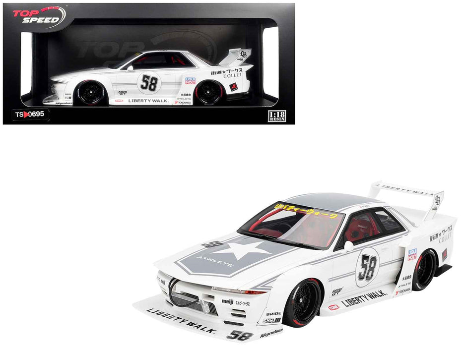 Nissan Skyline GT-R (R32) RHD (Right Hand Drive) #58 "LBWK - Kaido Works" White with Gray Stripes and Graphics "Tokyo Auto Salon (TAS) 2025" 1/18 Model Car by Top Speed